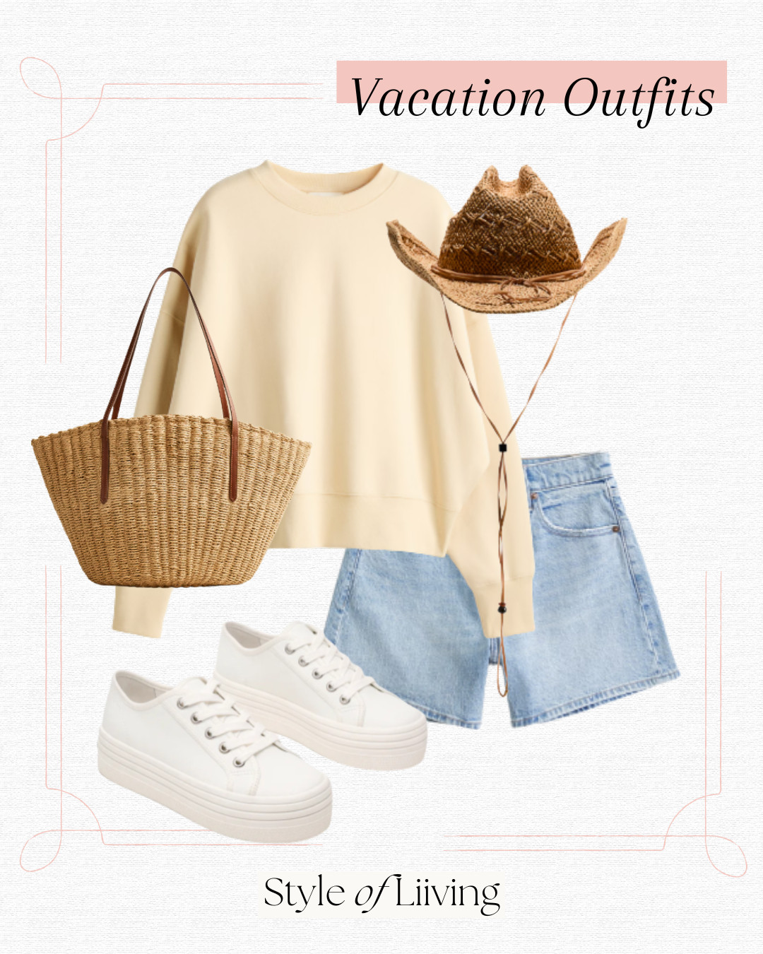 Vacation outfit ideas for women! High rise denim dad shorts from Abercrombie & Fitch, white low-top lace-up platform women's sneakers by Steve Madden, straw cowboy hat H&M, como woven straw tote J. Crew, oversized sweatshirt H&M. #vacationoutfit #summeroutfit #casualoutfit #outfitinspiration  

 #LTKootd #LTKSeasonal #LTKTravel