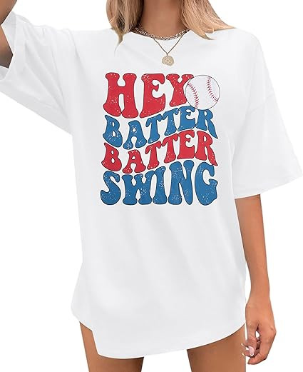 Baseball Mom Shirt Womens Baseball Shirts Oversized Hey Batter Batter Swing Graphic Tee Ballpark ... | Amazon (US)