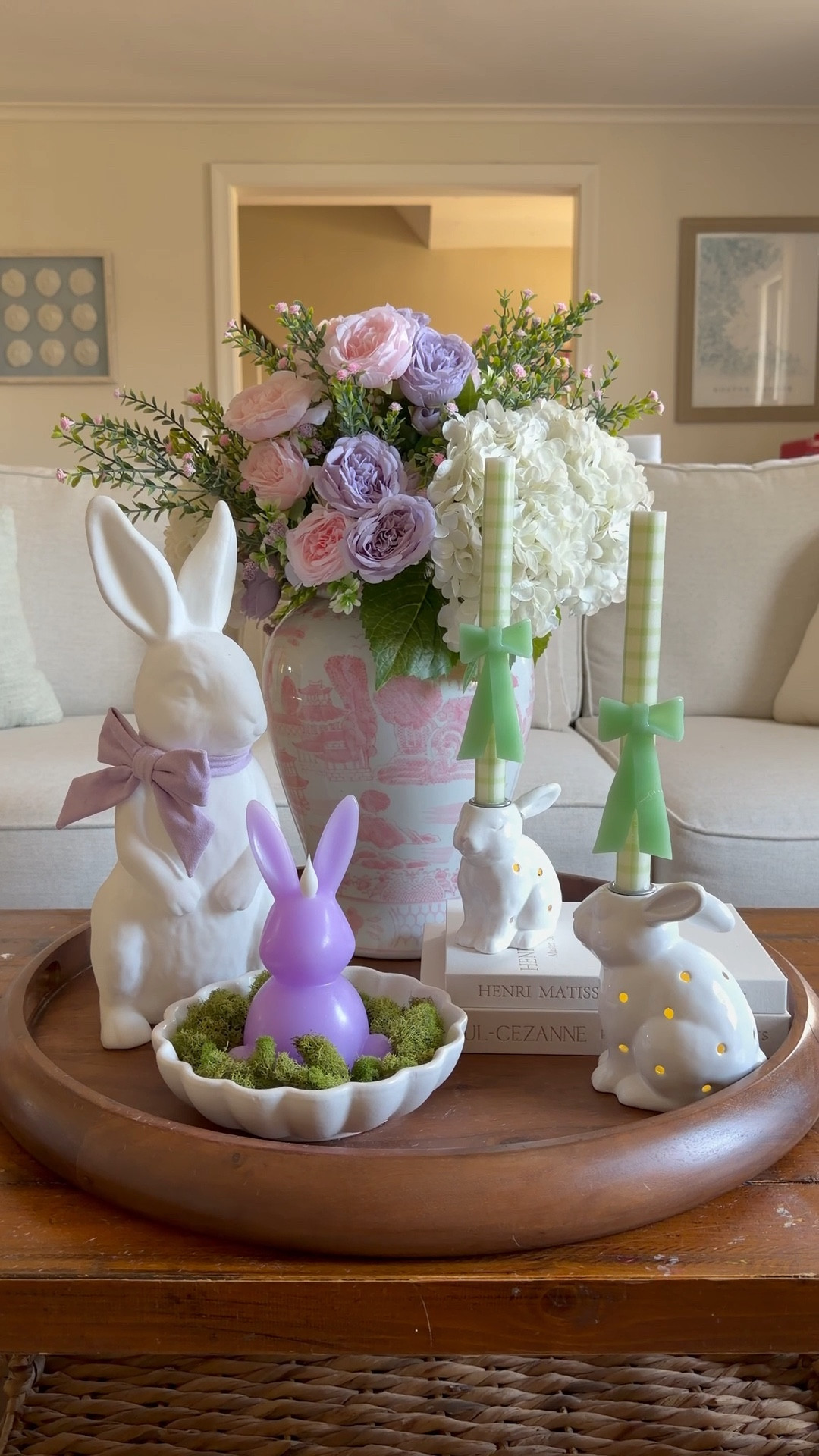 I haven’t done much with purple this spring but when I saw these beautiful pink and purple peonies and the bunny with the purple bow I thought they’d go perfectly together! Paired with my favorite gingham candles—I’m obsessed🥰

#LTKSeasonal #LTKHome