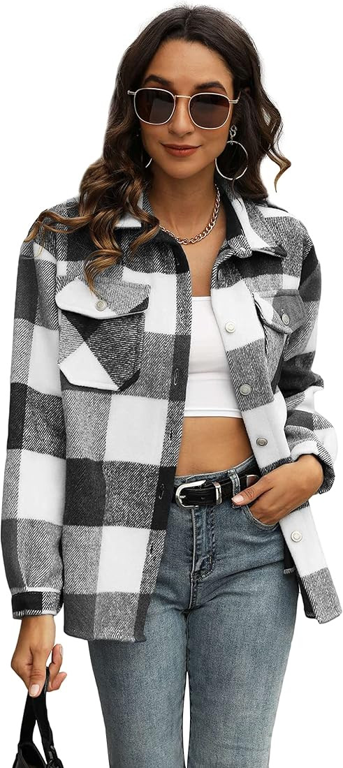 Springrain Womens Plaid Flannel Shacket Wool Blend Button Down Casual Shirt Jacket | Amazon (US)