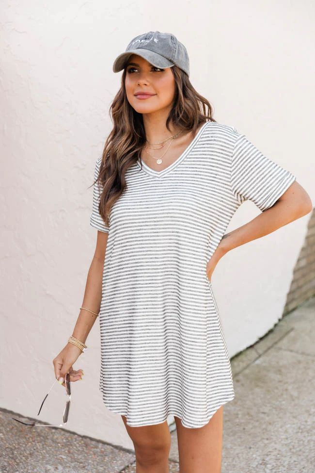 When You're Ready White/Grey Striped T-Shirt Dress | The Pink Lily Boutique