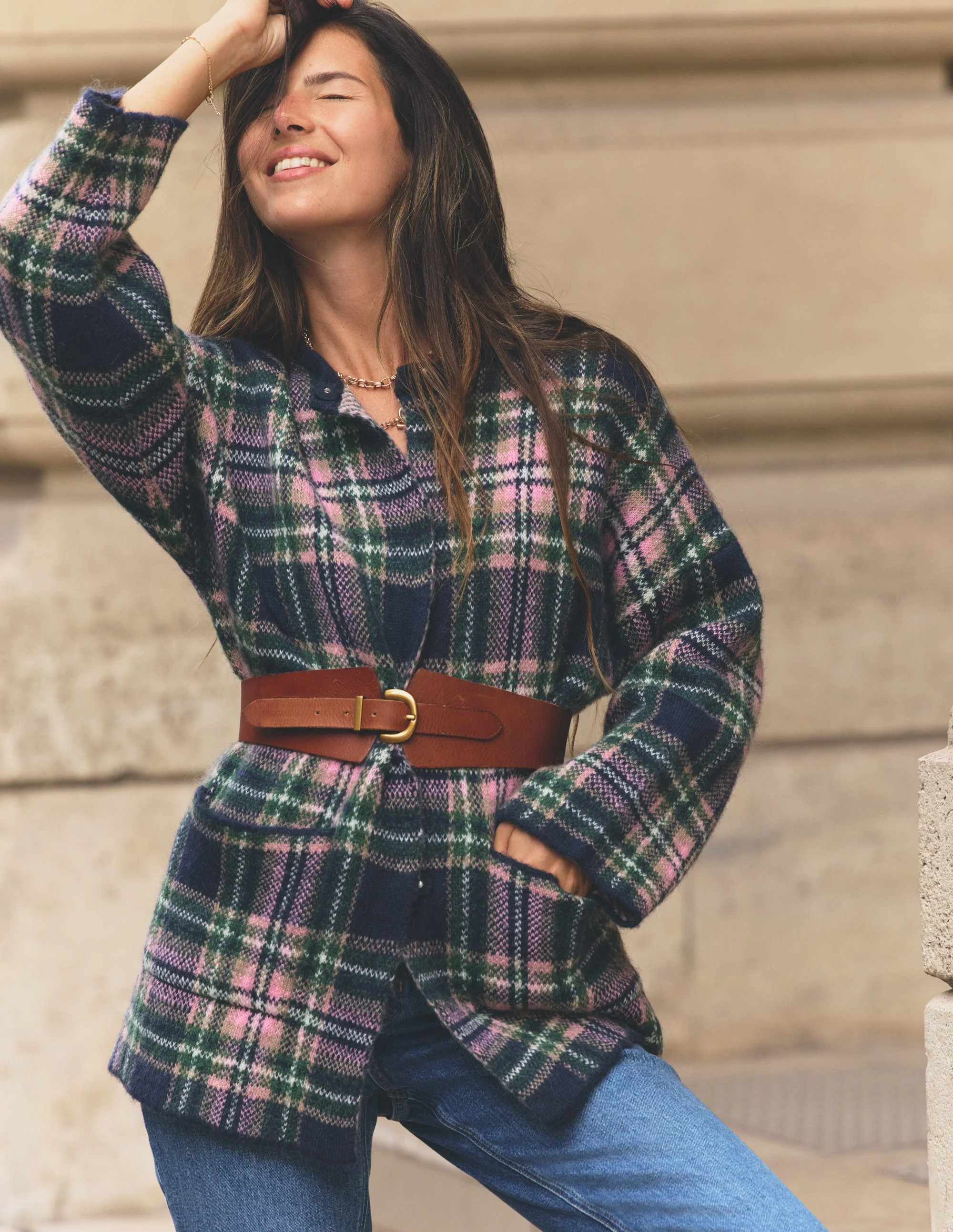 Fluffy Jacquard Cardigan-Navy, Green and Pink Check | Boden UK
