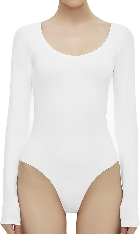 Freehut Women's Bodysuit Long Sleeve Scoop Round Neck Thong Buttery Soft Top Pure Seamless Collec... | Amazon (US)