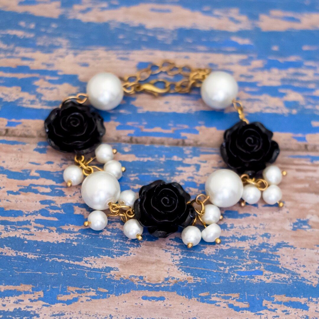 7 Inch, Vintage White Faux Pearls Black Rose Beaded Bracelet L28 - Etsy | Etsy (US)