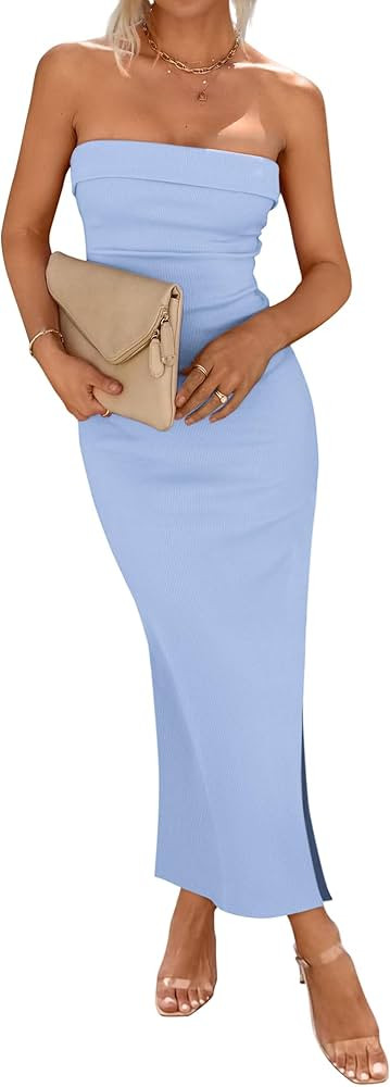 BTFBM Women's Strapless Tube Dress 2024 Summer Knit Backless Slit Formal Bodycon Wedding Cocktail... | Amazon (US)