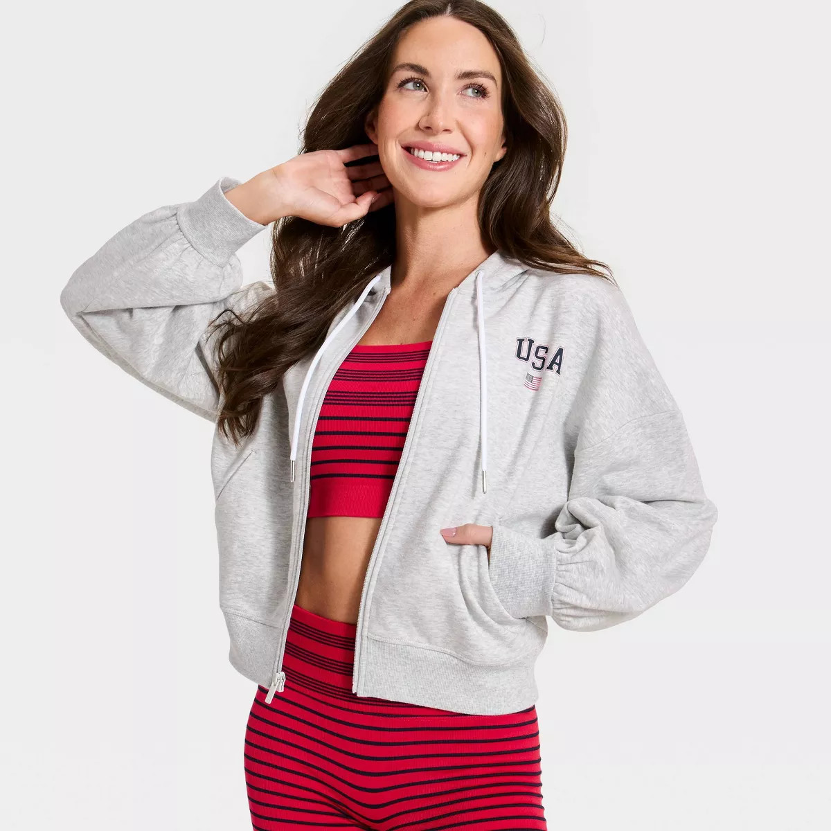 Women's French Terry Full Zip Americana Sweatshirt - All In Motion\u2122 Light Heathered Gray L | Target