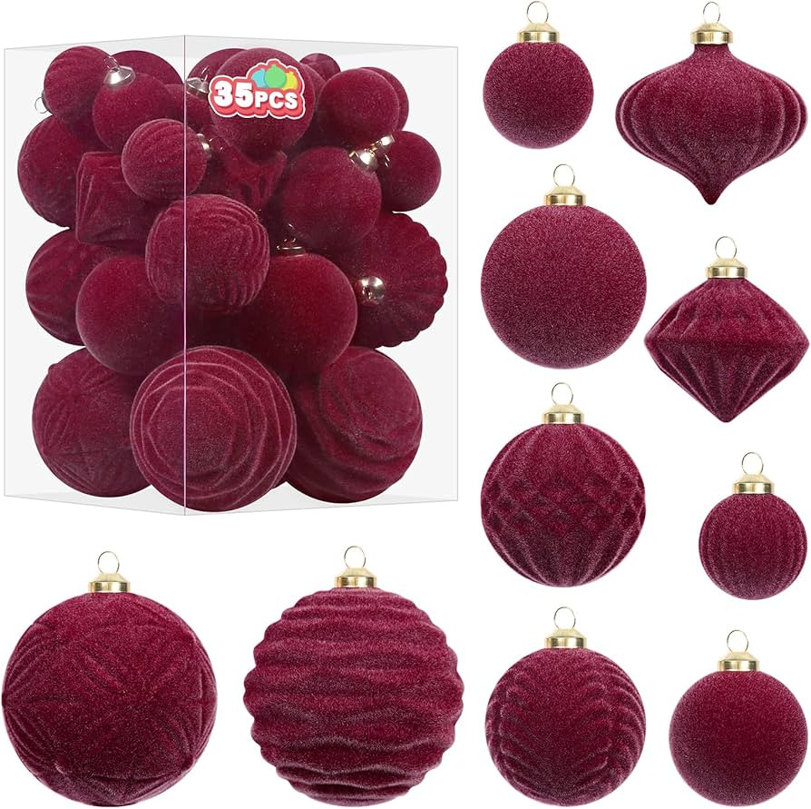 Super Holiday Velvet Christmas Ornaments Set, 35PCS Flocked Shatterproof Assorted Hanging Xmas Tr... | Amazon (US)