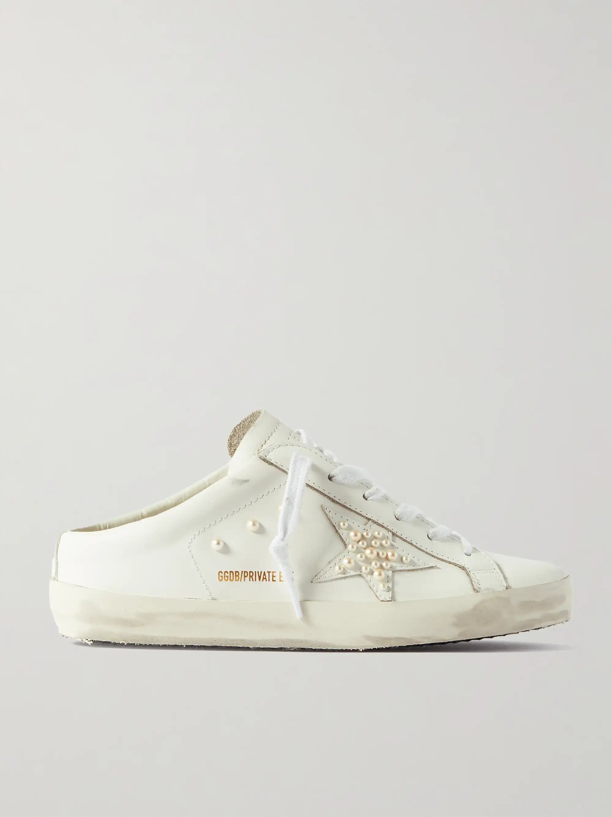 GOLDEN GOOSE Superstar Sabot  faux pearl-embellished distressed leather slip-on sneakers | NET-A-... | NET-A-PORTER (US)