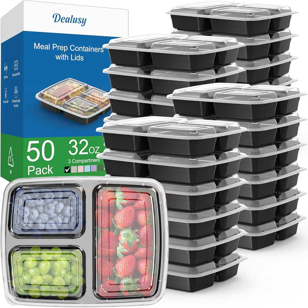 Dealusy 50 Pack 32 oz Meal Prep Containers with Lids 3-Compartment, Black | Amazon (US)
