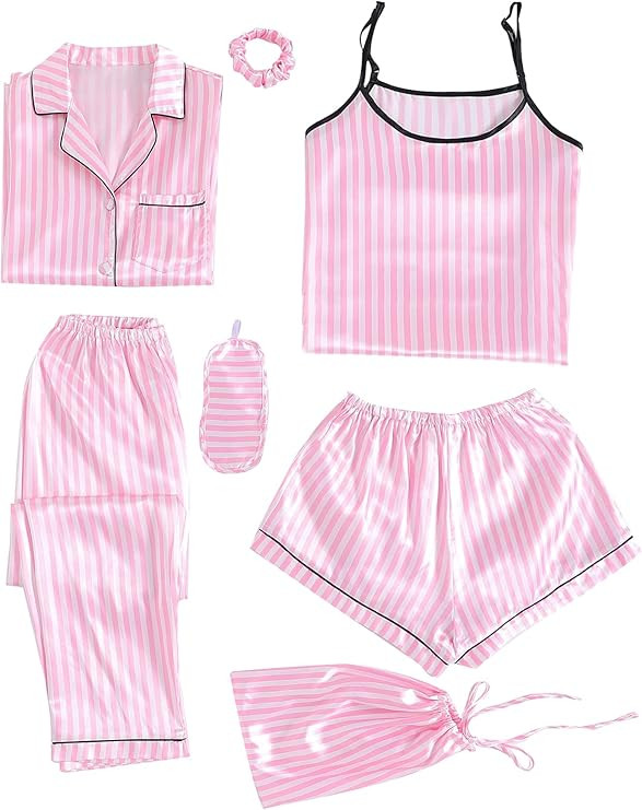 LYANER Women's Pajamas Set 7pcs Silk Satin Sleepwear Loungewear Cami Shirt Pj Set | Amazon (US)