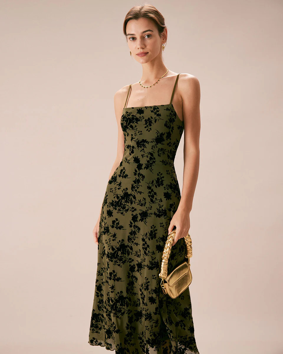 The Green Floral Burnout A-Line Slip Midi Dress | rihoas.com