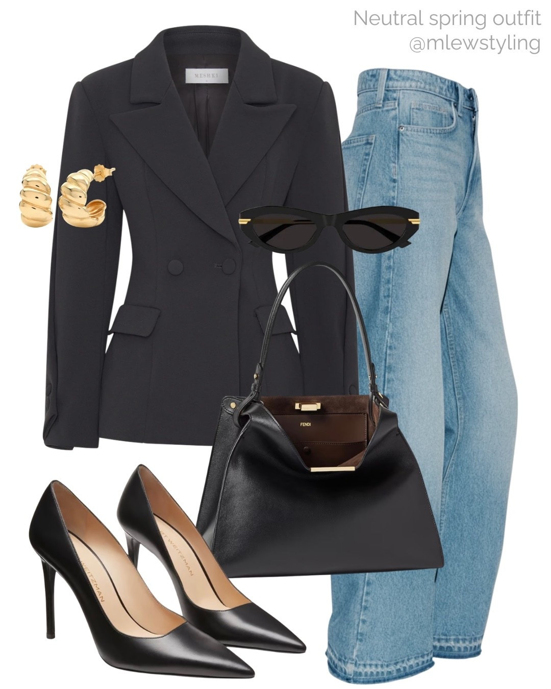 Elevated spring outfit with a fitted blazer 🖤

Tags: Meshki blazer, Stuart weitzman high heel pumps, wide leg high waist jeans, gold hoop earrings, black sunglasses, neutral aesthetic, capsule wardrobe 
*exact bag available from Fendi￼

#LTKMothersDay #LTKgrwm #LTKootd