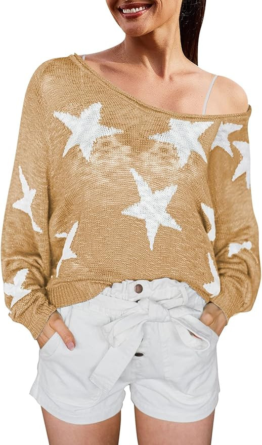 Viottiset Women Star Knit Sweater Long Sleeve Off Shoulder Pullover Tunic Top | Amazon (US)