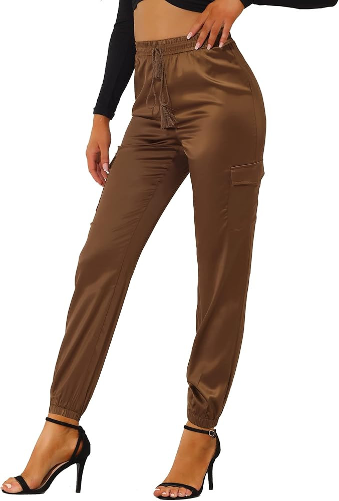 Allegra K Women's Satin Pants Tie Elastic High Waist Shiny Silky Dressy Satin Cargo Joggers | Amazon (US)