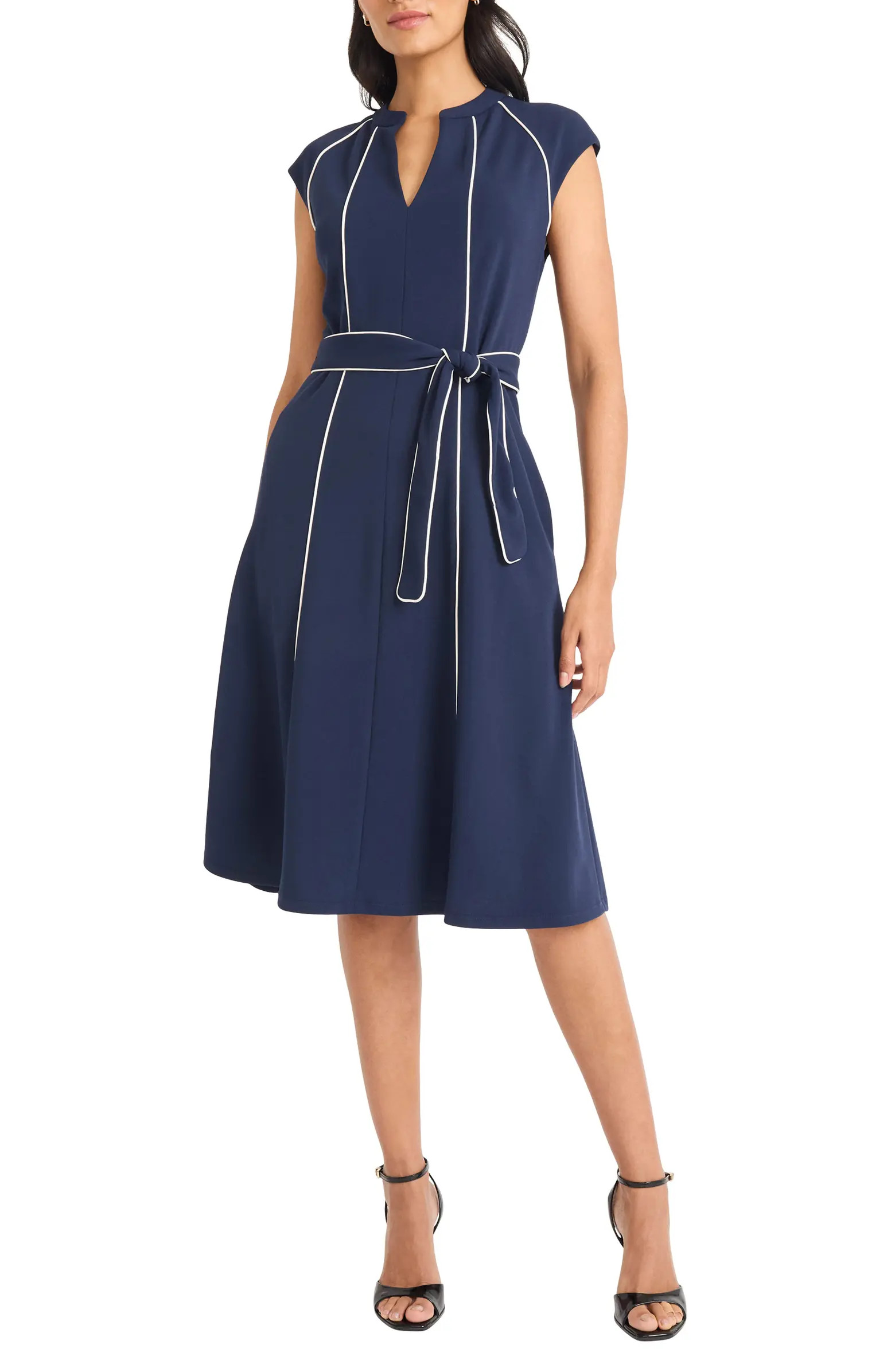 Contrast Piped Belted Midi Dress | Nordstrom