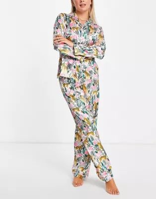 Night satin rose & leopard print pajama set | ASOS (Global)