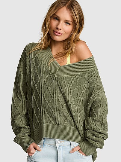 Oversized Cable Knit V-Neck Sweater, Green, L - Women's Sweaters - PINK | Victoria's Secret (US / CA )