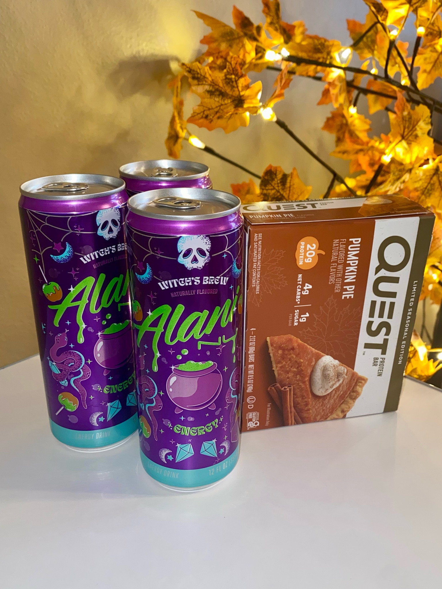 Alani Nu. Quest bars. Pumpkin pie. Protein bar. Energy drink. Witch’s brew. 

#LTKHalloween #LTKSeasonal #LTKhome