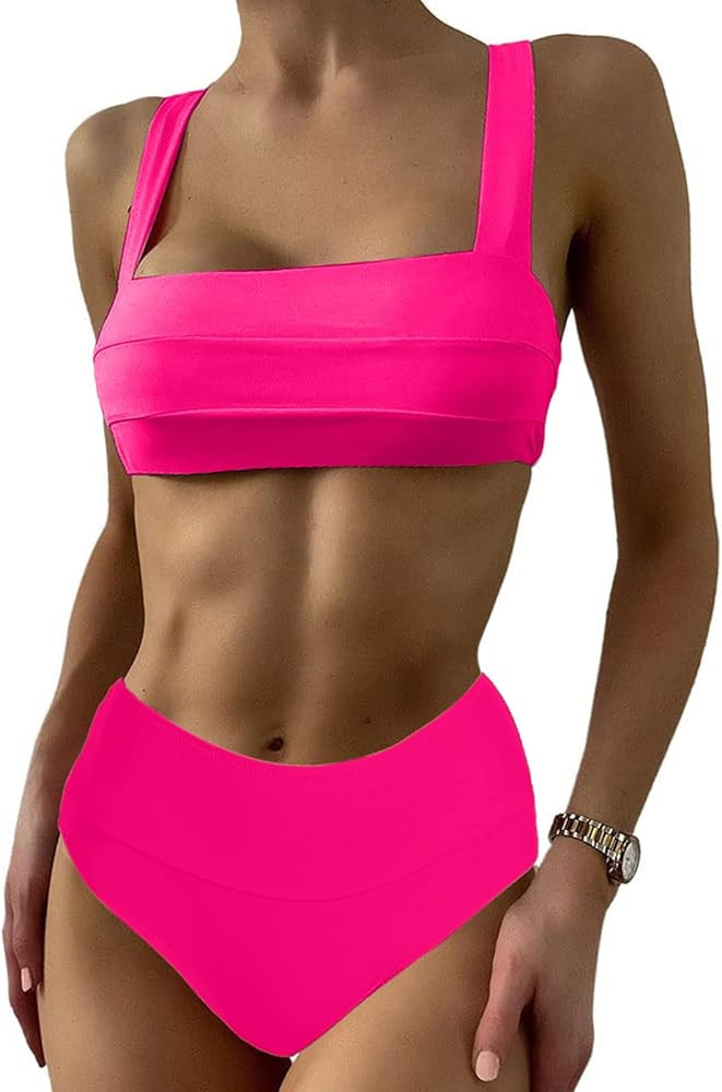Womens Crop Top High Waisted Swimsuit Sport High Cut Bikini Set Two Piece Bandeau Bathing Suits | Amazon (US)