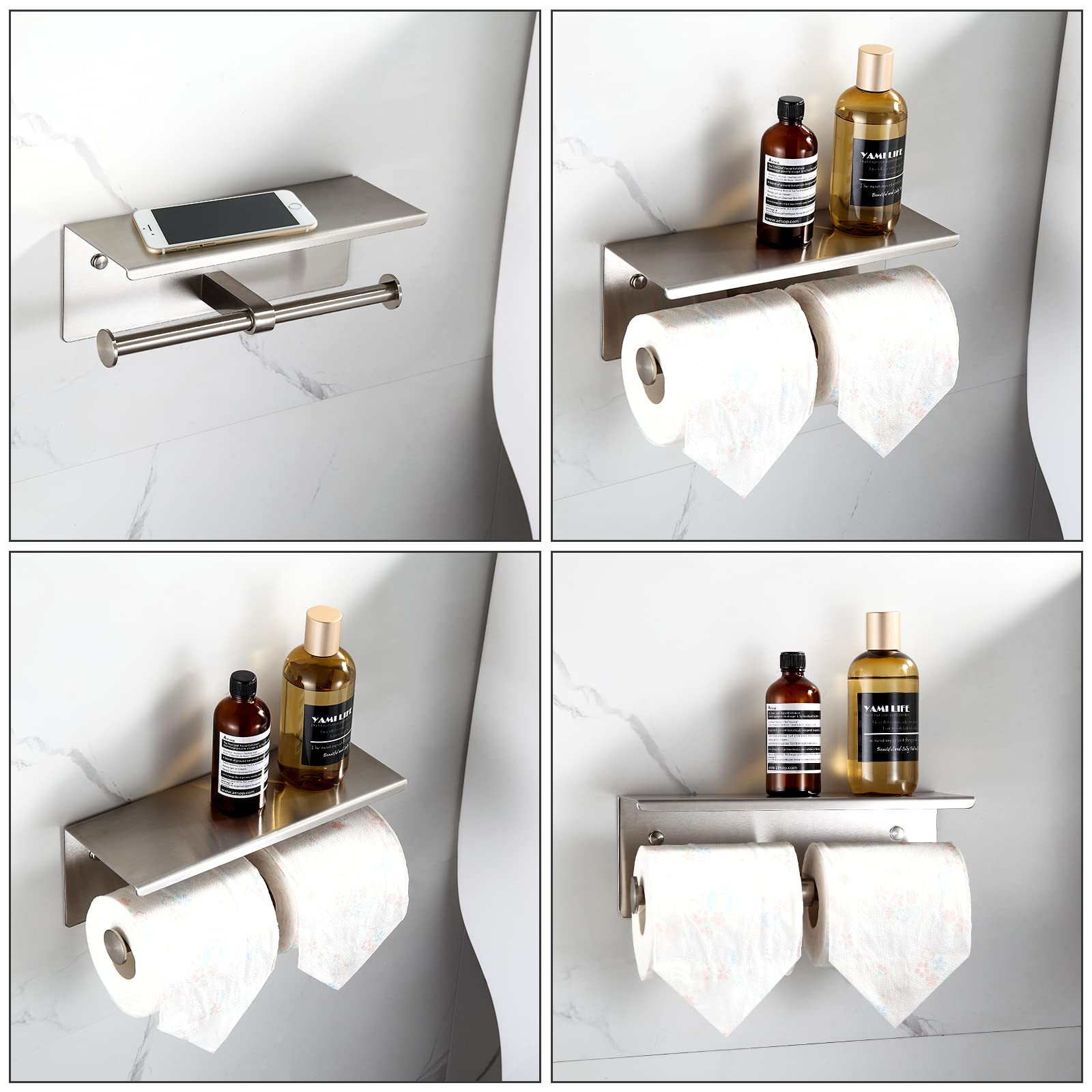 Double Toilet Paper Holder with Shelf Brushed Nickel Toilet Paper Holder Wall Mounted | Amazon (US)