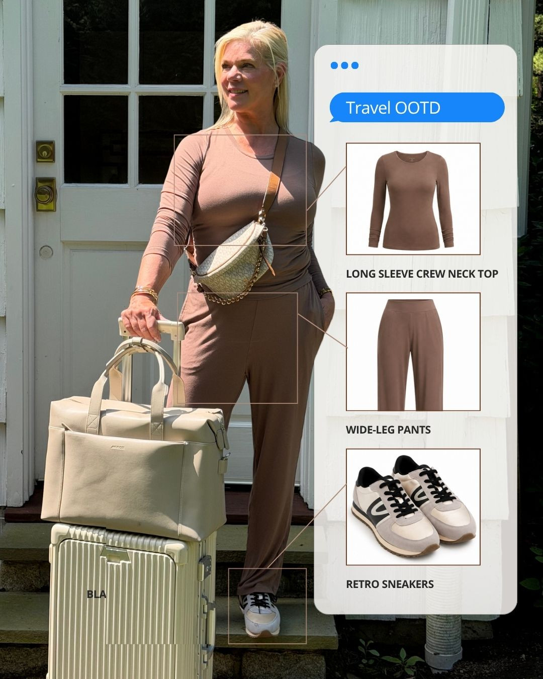 ✈️ My go-to travel outfit starts with comfort and ends with effortless style. A matching lounge set, retro sneakers, and a roomy travel bag make long travel days so much easier—without sacrificing style. Perfect for women over 50 who want versatile pieces they'll wear long after the trip. ✨ Shop this travel look and similar favorites in my LTK.

#LTKStyle #LTKTravel #LTKFinds #TravelOutfit #AirportStyle #TravelOOTD #MatchingSet #LoungeSet #TravelEssentials #ComfortStyle #WomenOver50 #FashionOver50 #CasualChic #NeutralStyle #CapsuleWardrobe #TravelFashion #EverydayStyle #SneakerStyle #CarryOnEssentials #TravelInStyle 

 #LTKootd #LTKOver40 #LTKTravel