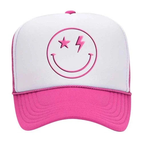 Happy Face Star and Lightning Eyes Unisex Embroidered Foam Front Mesh Back Trucker Hat, White/Pin... | Walmart (US)