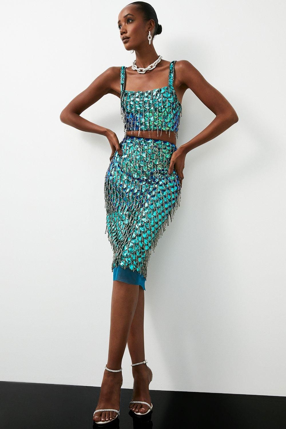 Scallop Beaded And Embellished Midi Skirt | Karen Millen US