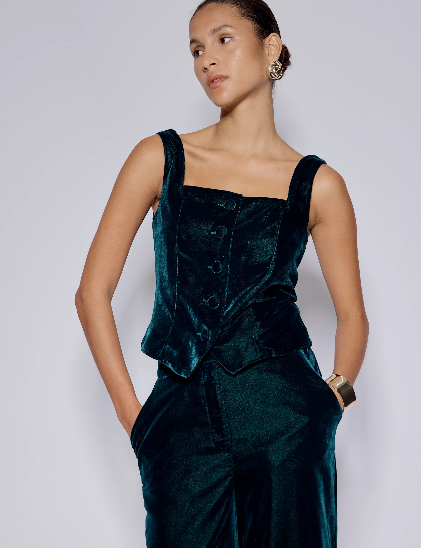 Green Velvet Square Neck Waistcoat | Nobody's Child