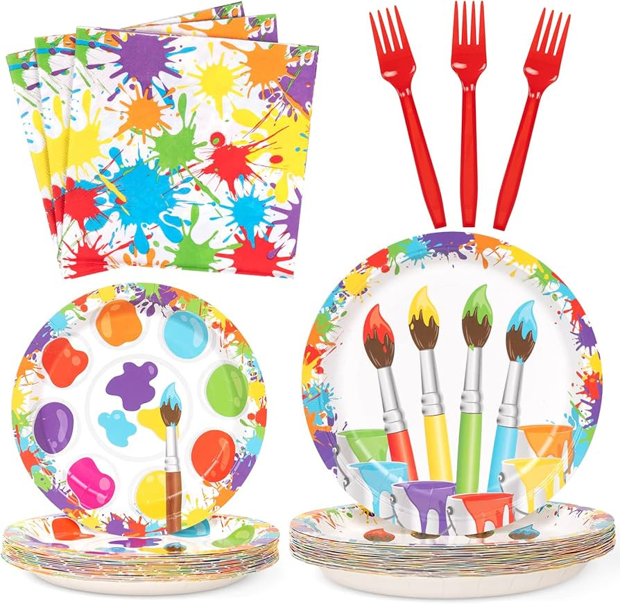 DECORLIFE Paint Party Supplies Serve 24, Paint Party Decorations Plates and Napkins Sets, Art Bir... | Amazon (US)