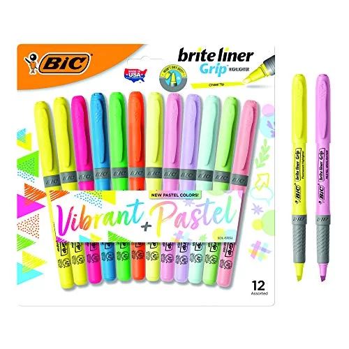 BIC Brite Liner Grip Highlighters, Chisel Tip, Assorted Colors (Fluorescent & Pastel), Pack of 12... | Walmart (US)