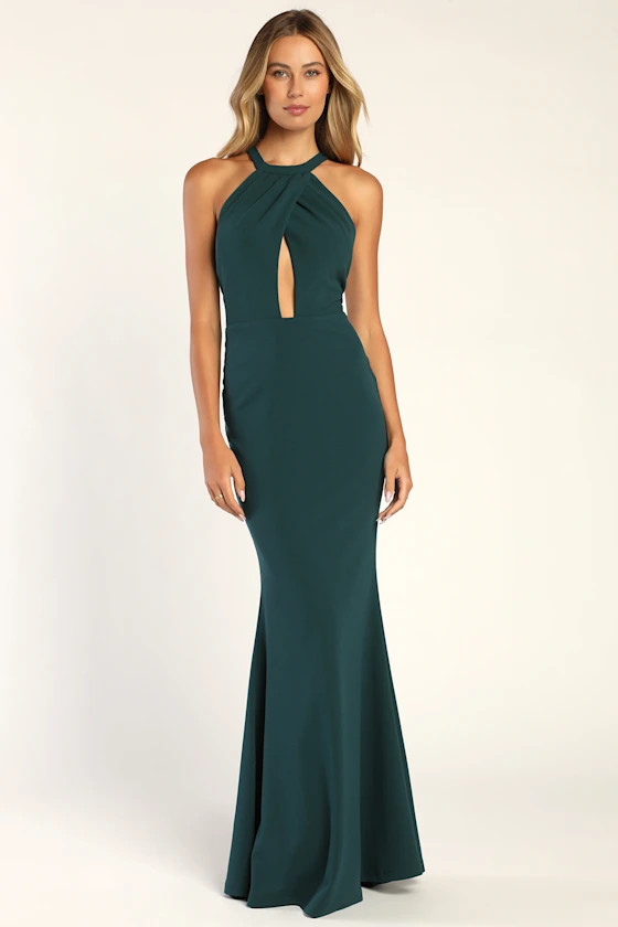 My Favorite Moment Dark Teal Cutout Halter Mermaid Maxi Dress | Lulus