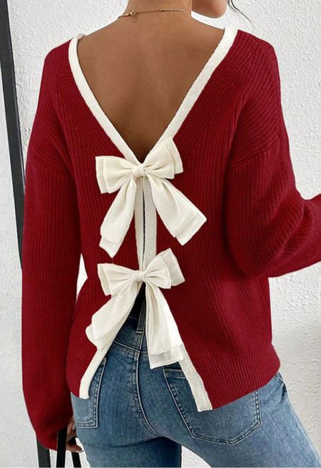 Contrast Double Bow Open Back Ribbed Knit Sweater in Red | Chicwish