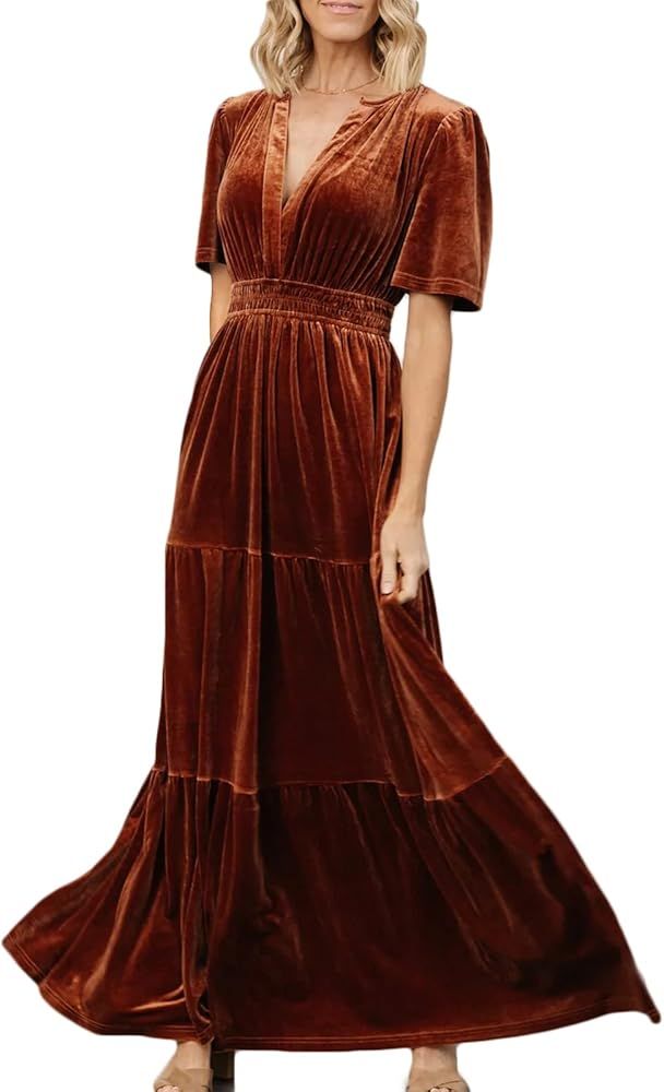 Women's Elegant Velvet Maxi Dress Plunging V Neck Long Wrap Dress Aline Flowy Formal Bridesmaid D... | Amazon (US)