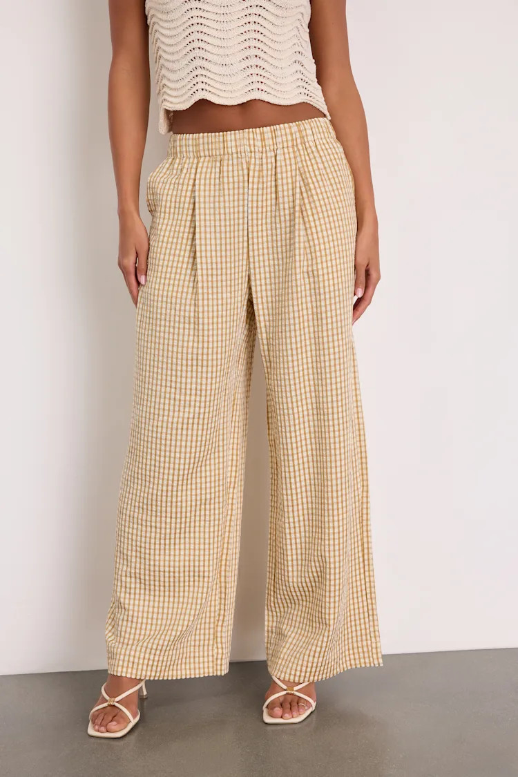 Tilly Tan Gingham Mid-Rise Wide-Leg Pants | Lulus