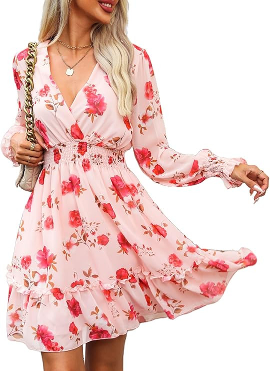 Prettywear Women's Floral Boho V Neck Long Sleeve Mini A-Line Dresses 2024 Spring Summer Casual F... | Amazon (US)