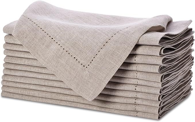 Natural Linen Napkins - Set of 12 Cloth Napkins with Hemstitch Detail - Hand Crafted Pure Linen R... | Amazon (US)