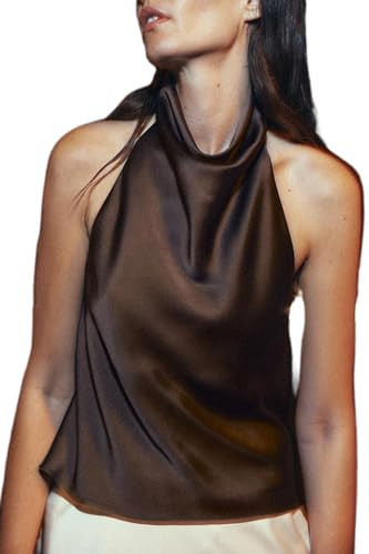 Women Mock Neck Satin Halter Tops Sexy Open Back High Neck Tank Tops Y2k Summer Going Out Tops (Dark Brown, M) | Amazon (US)