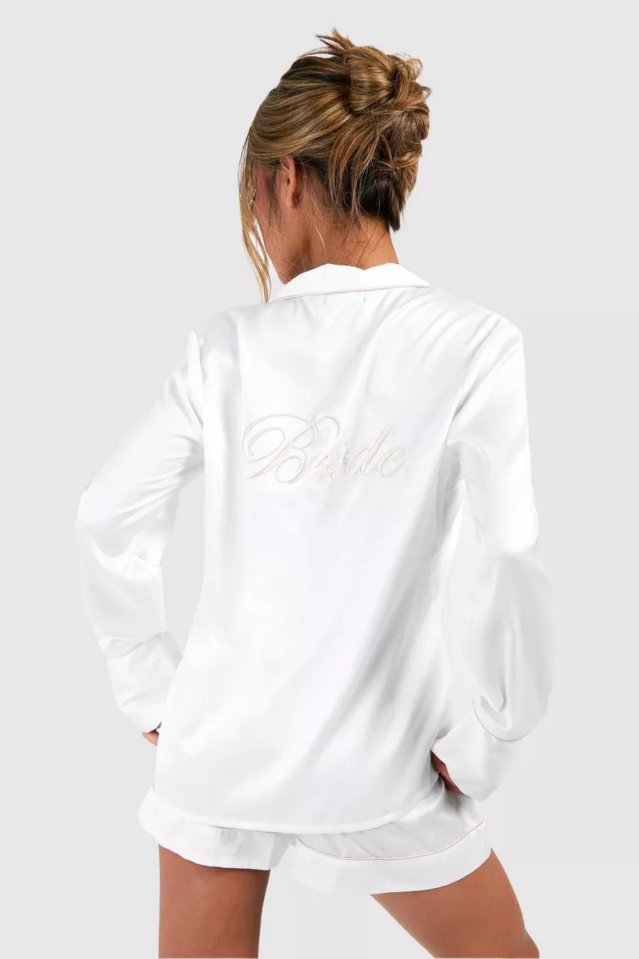 Bridal 'Bride' Embroidered Long Sleeve Shirt & Shorts Pyjama Set | Nasty Gal US