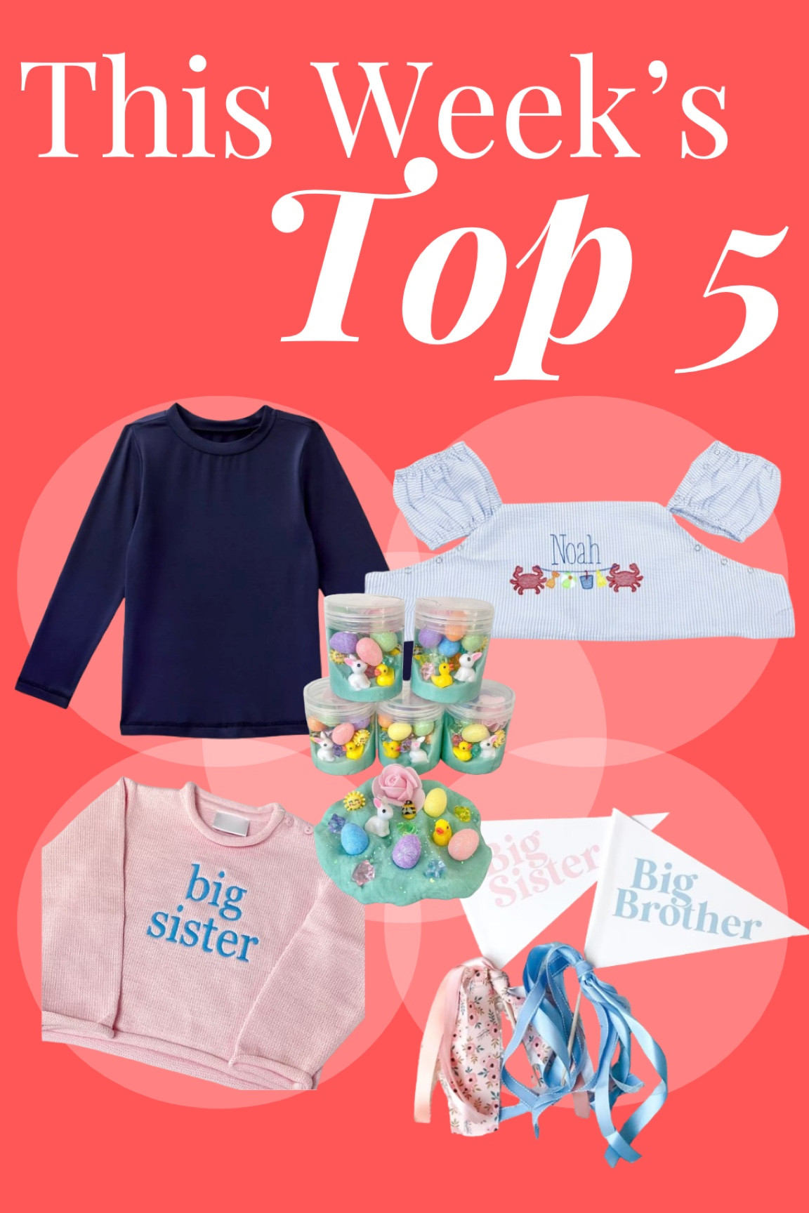 Happy Friday! This week’s Top 5 — all the products you’ve been loving and buying! Boys’ affordable swim rashguard from Cat & Jack only $10! The puddle jumper cover that can be personalized — a favorite around here! Big Sister embroidered sweater! Big Brother and Big Sister banners and pennants — pregnancy announcement perfection! And our budget-friendly Easter themed play doh kits! Enjoy! 

#LTKkids #LTKfindsunder50 #LTKbaby