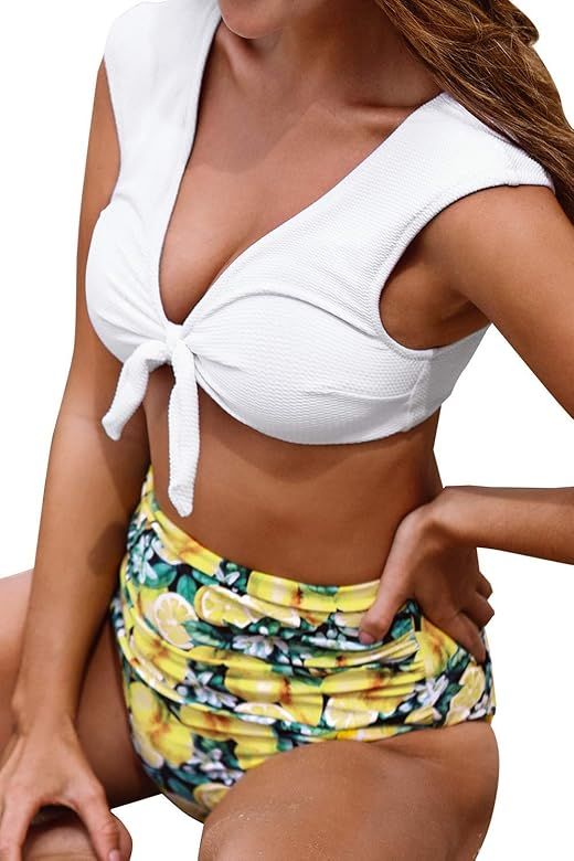 Women's Sweet Lemon Front Knot Ruching High Waisted Bikini Sets | Amazon (US)