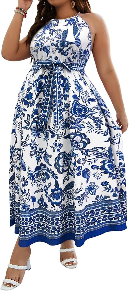 Floerns Women's Plus Size Boho Sleeveless Halter Neck Tie Back A Line Long Dress | Amazon (US)