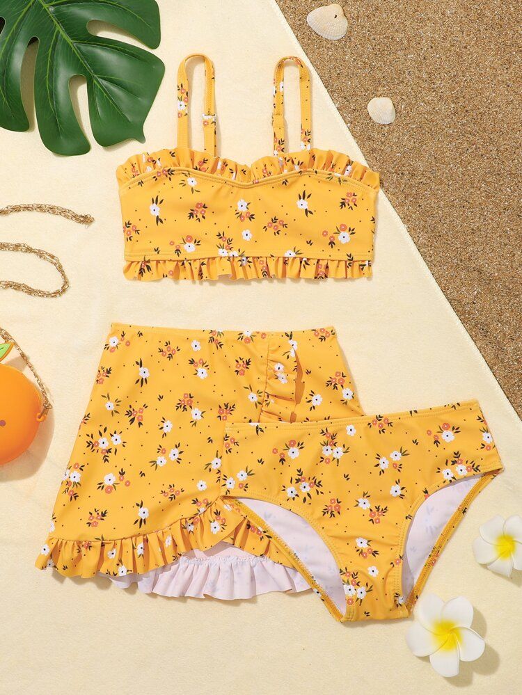 Toddler Girls Floral Frill Trim Bikini Swimsuit With Beach Skirt | SHEIN
