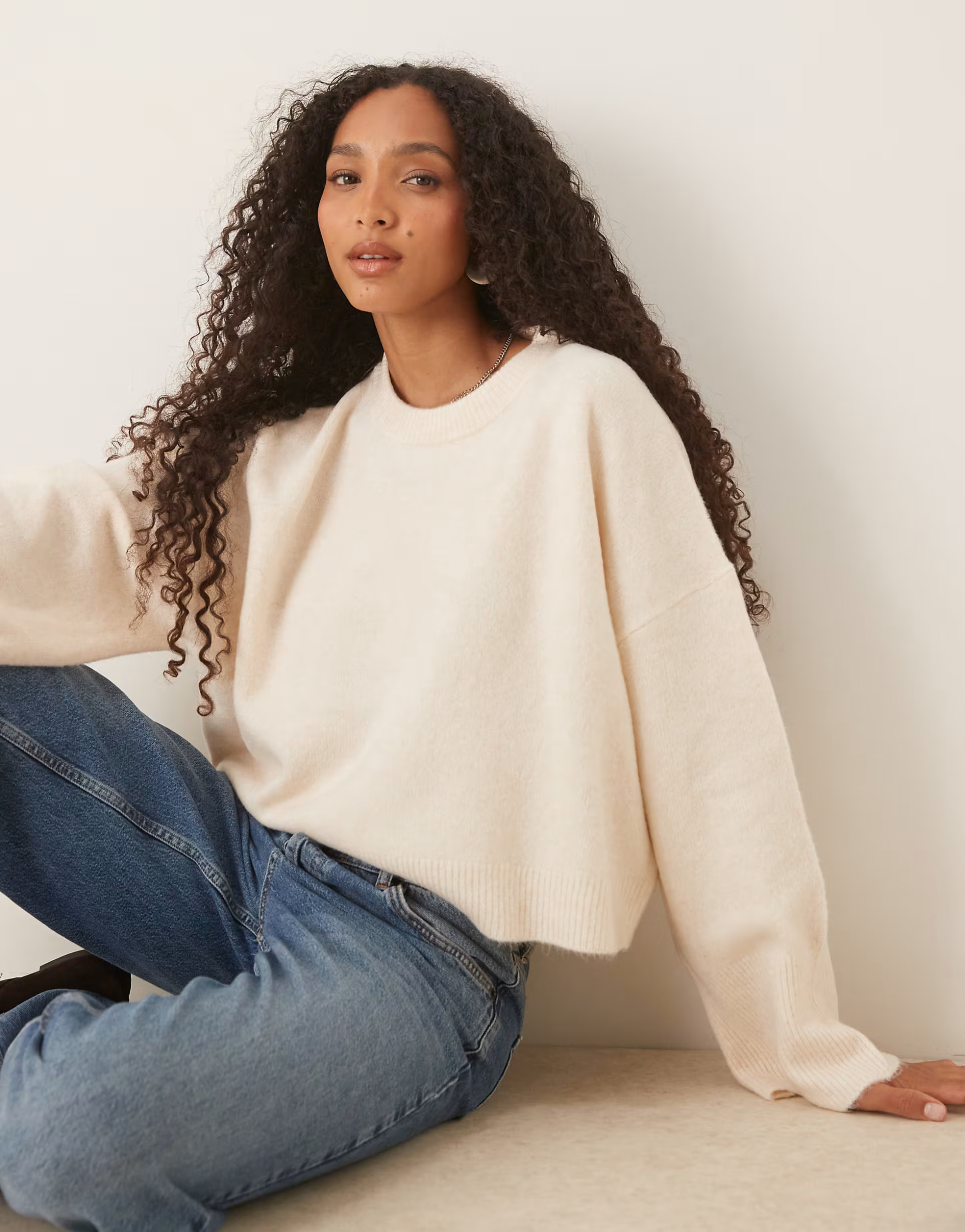 ASOS DESIGN crew neck boxy jumper with wide cuff in cream | ASOS | ASOS (Global)