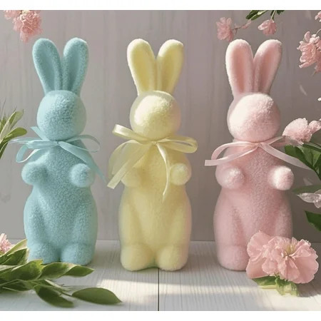 Flocked Easter Bunny Decor - Flocking Rabbit with Bow tie Tabletop Ornament Spring Tables Decoration Centerpieces Indoor - Easter Decorating Bunnies for Home Party | Walmart (US)