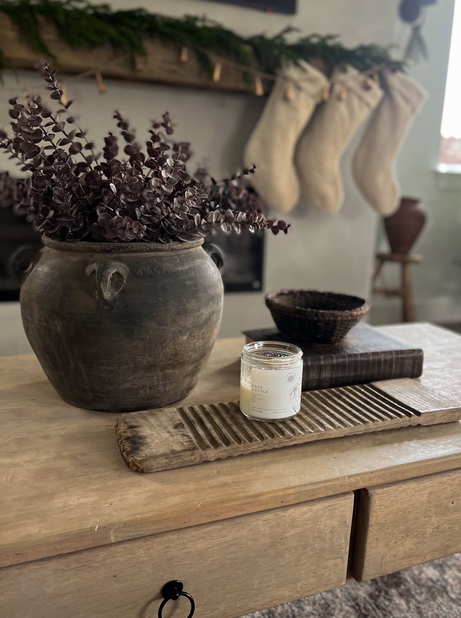 Vintage coffee table decor, found pot, found cane bowl, antique washboard, vintage leather book  

#LTKSeasonal #LTKunder100 #LTKhome