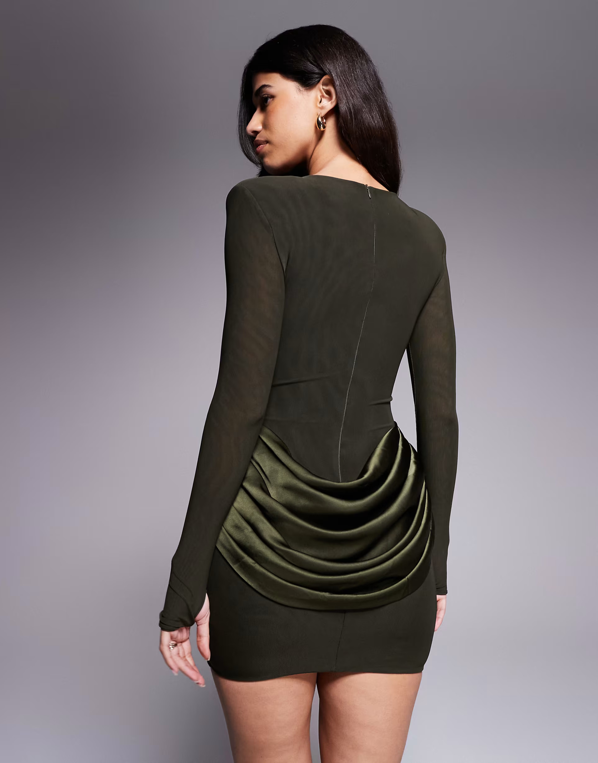 Wanderdoll Storm sculpting shoulder pad detail satin drape waist mini dress in forest green | ASOS (Global)