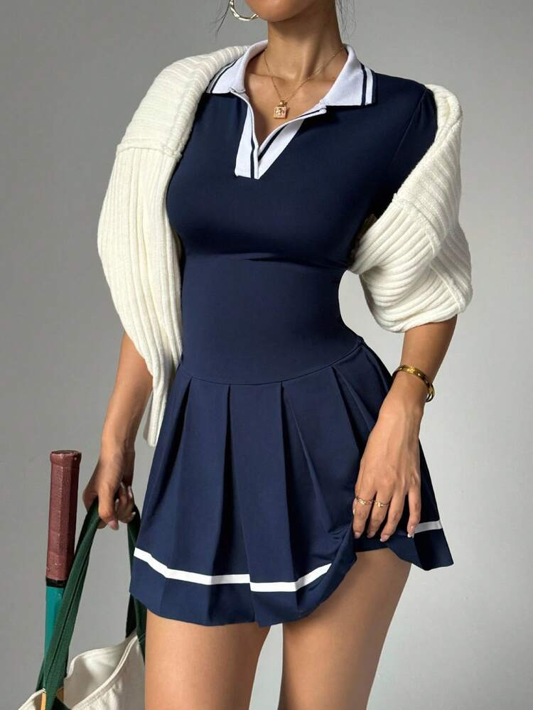 Dewbera Women's Contrast Binding V-Neck Short Sleeve Pleated Hem Yoga Sports Dress With Leggings | SHEIN