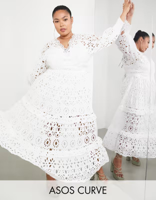 ASOS EDITION Curve v neck eyelet midi dress with puff sleeve in white | ASOS (Global)