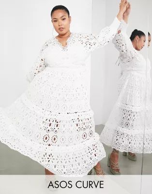 ASOS EDITION Curve v neck eyelet midi dress with puff sleeve in white | ASOS (Global)