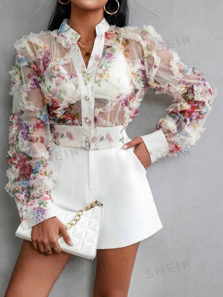 SHEIN Privé Random Printed Long Sleeve Blouse | SHEIN USA | SHEIN